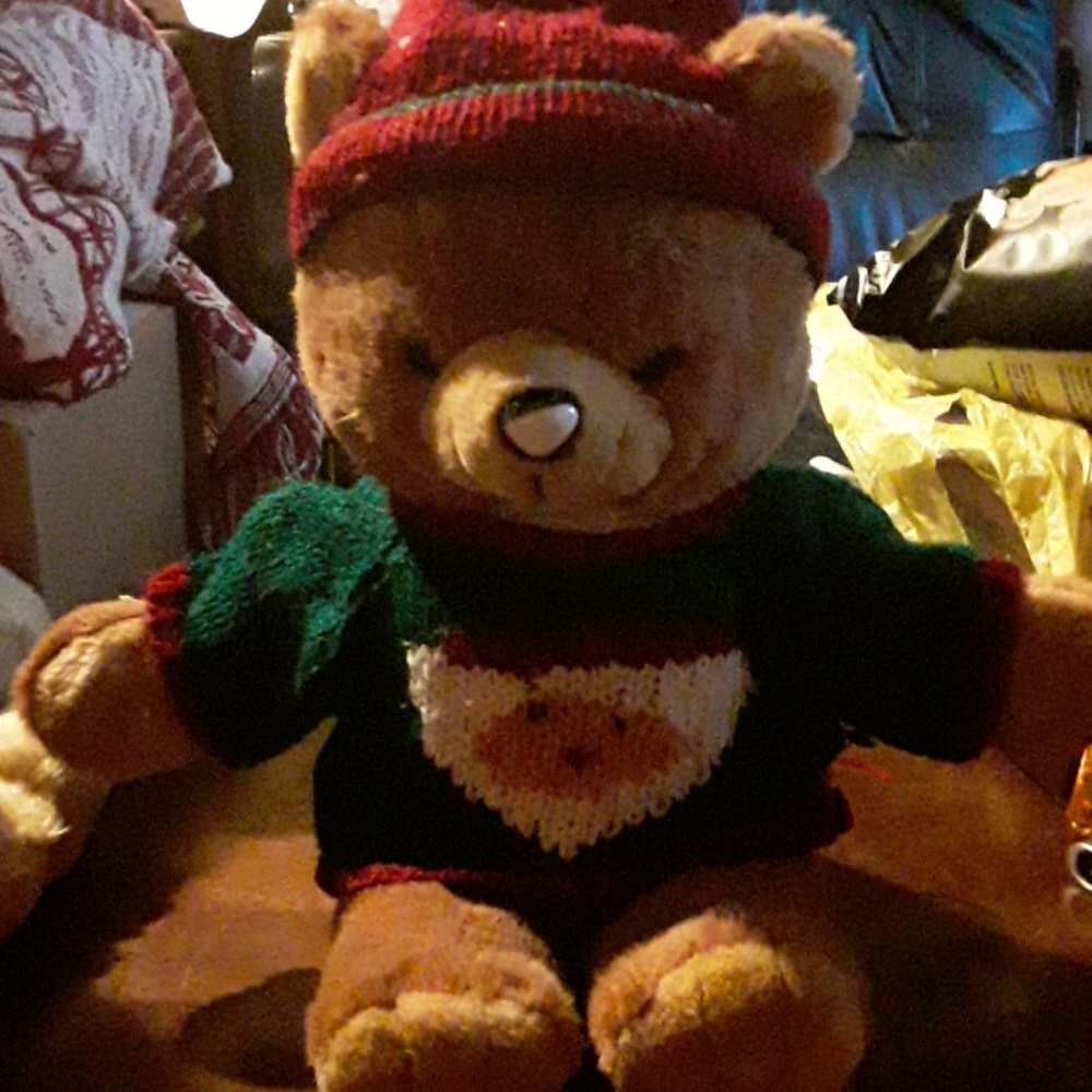Stuffed  Christmas  Teddy bear  with clothes.